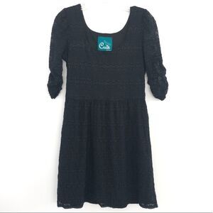 Cute by daisy Ruched Sleeve Scoop Neck Fit & Flare Lace Dress In Black Y2K Goth